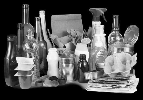 A variety of discarded household items and waste materials are displayed in the image, including several glass bottles of different shapes and sizes, with some featuring long necks and rounded bodies, as well as a few plastic bottles with caps. There are also paper and cardboard items, such as crumpled packaging and a stack of newspapers or magazines placed on the right side. In the center, a cardboard box contains miscellaneous waste, including crumpled paper and smaller containers, with some items leaning or stacked on top. The background appears to be an indoor or outdoor setting with a plain, dark surface underneath, highlighting the individual objects. The overall scene suggests waste or rubbish collected for disposal or removal, aligning with services provided by companies like Office Clearance New Cross in the London area, which specialise in rubbish removal and clearance services within the postal code region near New Cross.